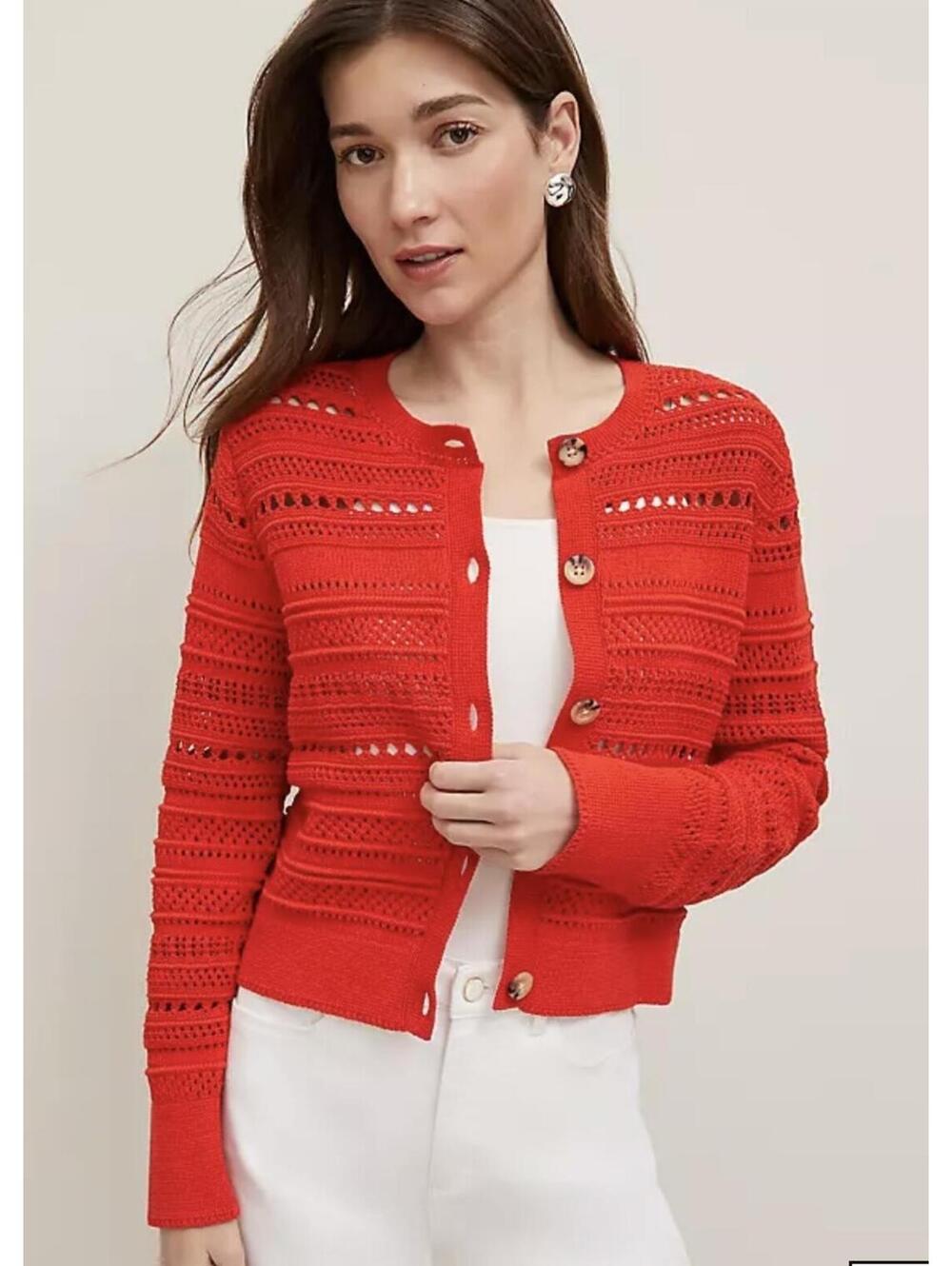 Ann Taylor Red Orange Pointelle Textured Open Knit Cardigan, Women's Large, NWT